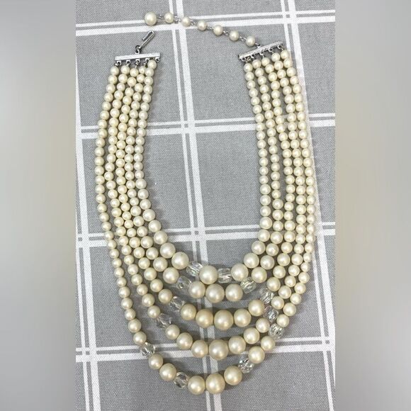 Vtg 50s Pearlized Beads Adjustable Necklace 5 Strand Aurora Borealis Beads Japan - Picture 4 of 7